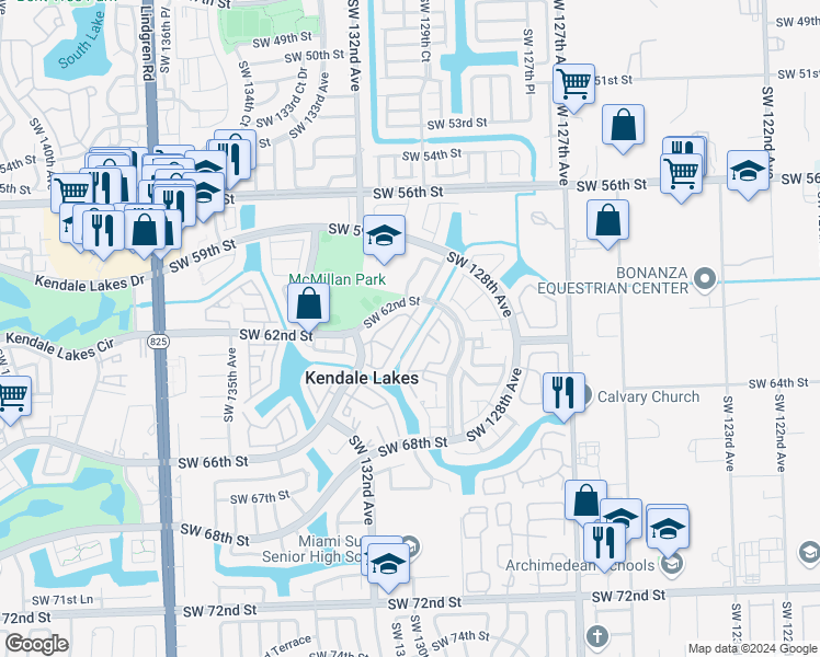 map of restaurants, bars, coffee shops, grocery stores, and more near 6100 Southwest 130th Avenue in Miami