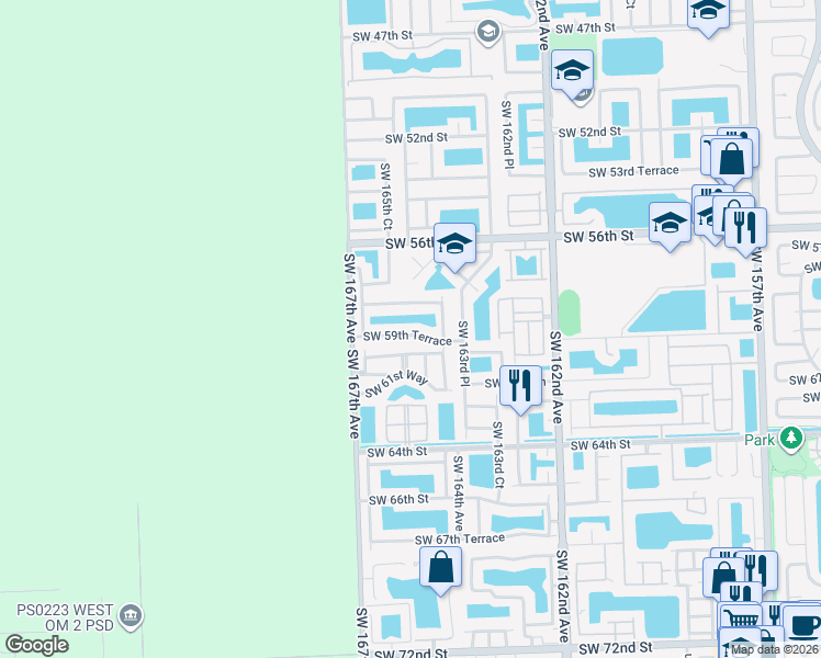 map of restaurants, bars, coffee shops, grocery stores, and more near 16463 Southwest 59th Terrace in Miami