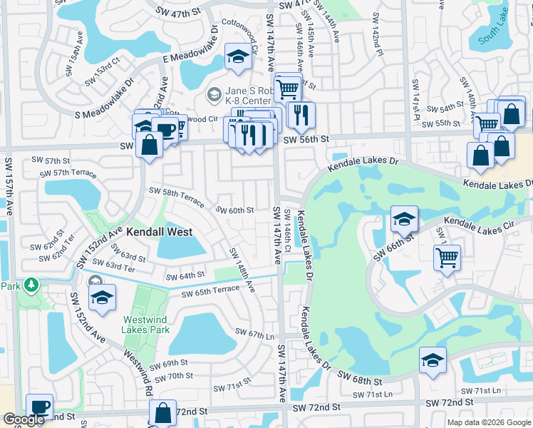 map of restaurants, bars, coffee shops, grocery stores, and more near 14746 Southwest 60th Street in Miami