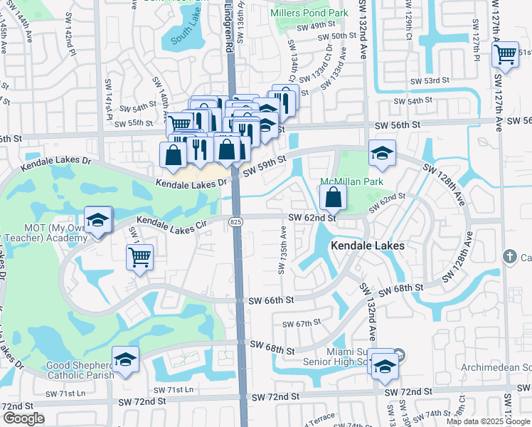 map of restaurants, bars, coffee shops, grocery stores, and more near 13529 Southwest 62nd Street in Miami