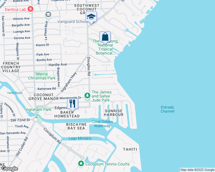 map of restaurants, bars, coffee shops, grocery stores, and more near 3610 Battersea Road in Miami