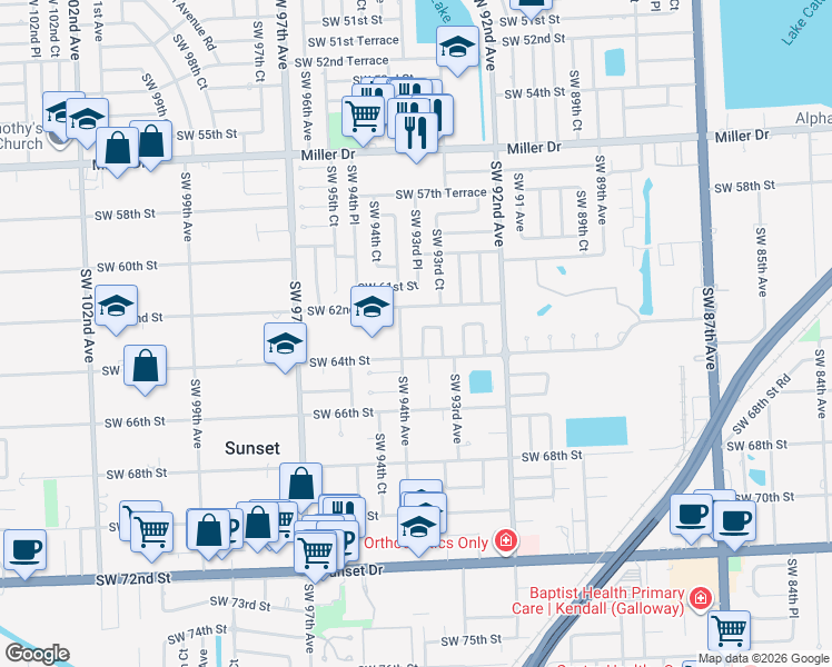 map of restaurants, bars, coffee shops, grocery stores, and more near 6300 Southwest 93rd Place in Miami