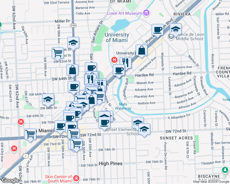 map of restaurants, bars, coffee shops, grocery stores, and more near 1261 South Alhambra Circle in Coral Gables