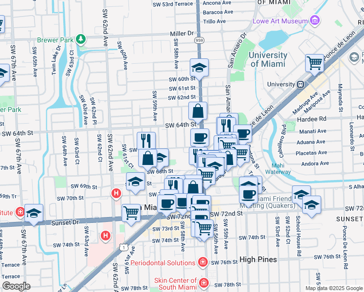 map of restaurants, bars, coffee shops, grocery stores, and more near 6540 Southwest 57th Place in South Miami