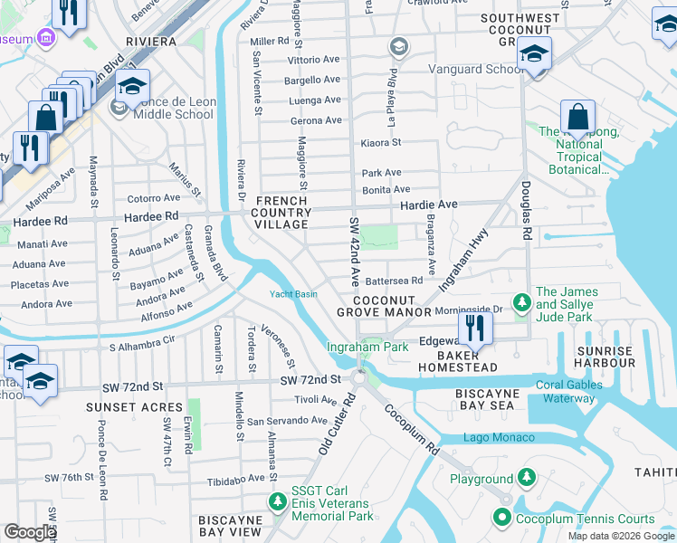 map of restaurants, bars, coffee shops, grocery stores, and more near 421 Aurelia Avenue in Coral Gables