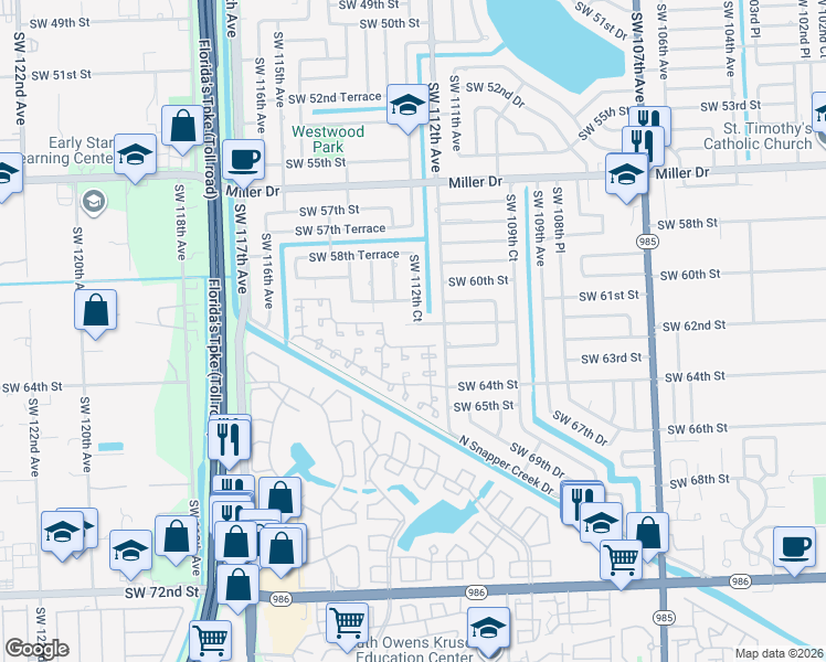 map of restaurants, bars, coffee shops, grocery stores, and more near 11240 Southwest 61st Terrace in Miami