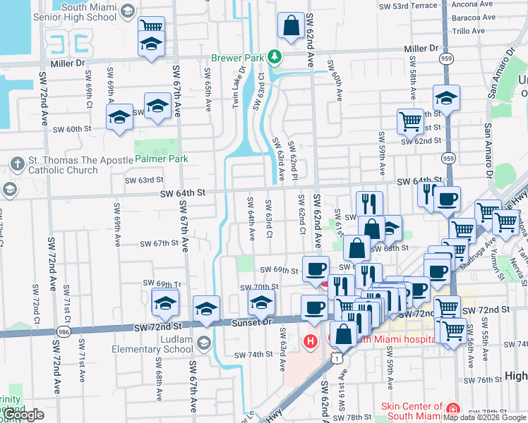 map of restaurants, bars, coffee shops, grocery stores, and more near 6511 Southwest 63rd Court in South Miami