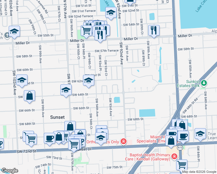 map of restaurants, bars, coffee shops, grocery stores, and more near 6302 Southwest 93rd Avenue in Miami