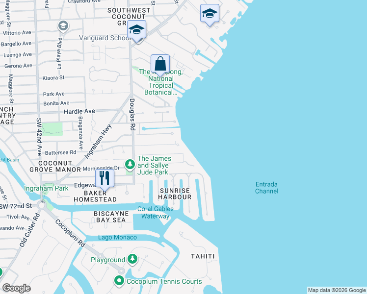 map of restaurants, bars, coffee shops, grocery stores, and more near 3570 Battersea Road in Miami