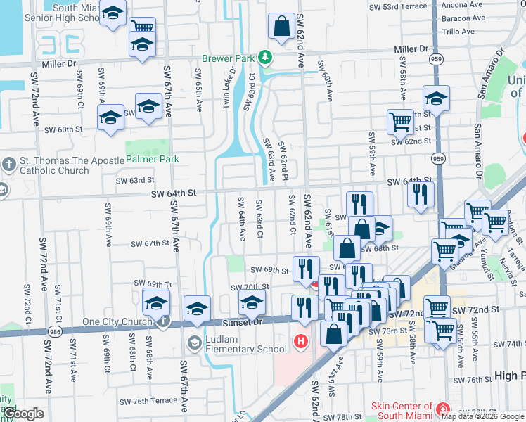 map of restaurants, bars, coffee shops, grocery stores, and more near 6511 Southwest 63rd Court in South Miami
