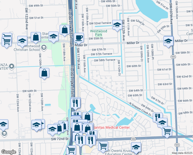 map of restaurants, bars, coffee shops, grocery stores, and more near 6112 Southwest 114th Court in Miami
