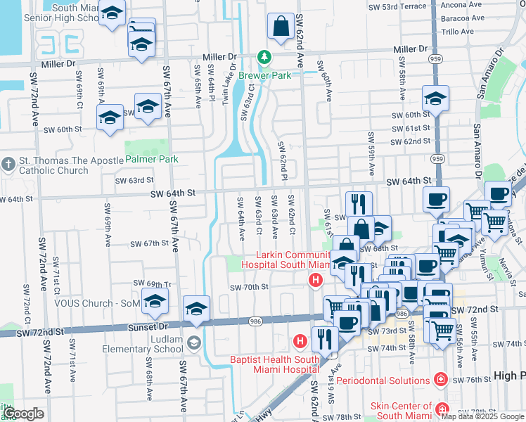 map of restaurants, bars, coffee shops, grocery stores, and more near 6511 Southwest 63rd Court in South Miami