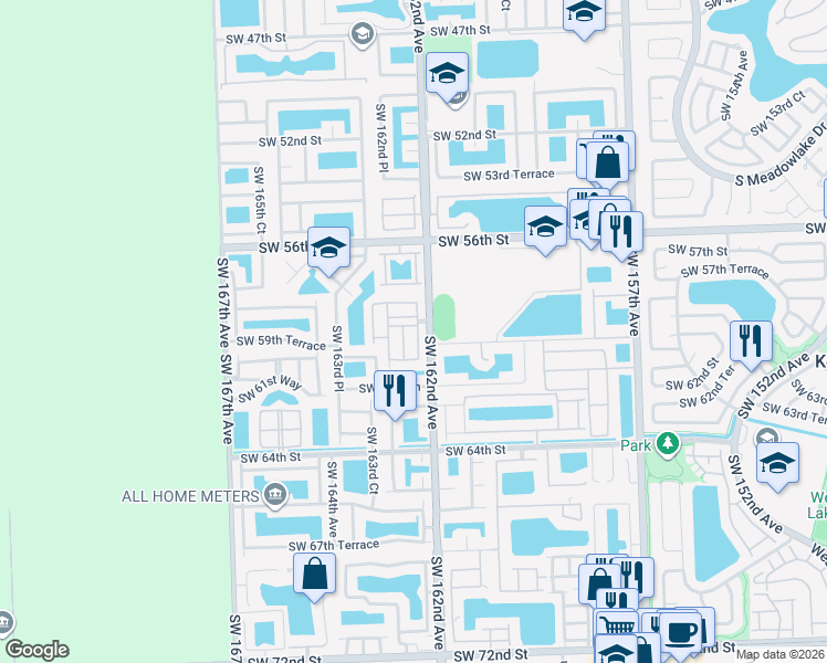 map of restaurants, bars, coffee shops, grocery stores, and more near 5931 Southwest 162nd Court in Miami