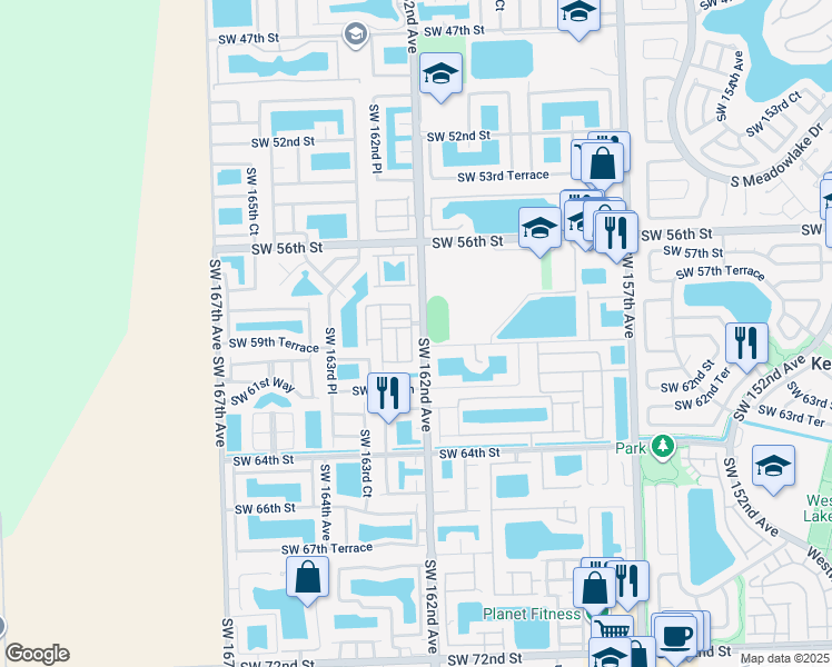 map of restaurants, bars, coffee shops, grocery stores, and more near 5931 Southwest 162nd Court in Miami