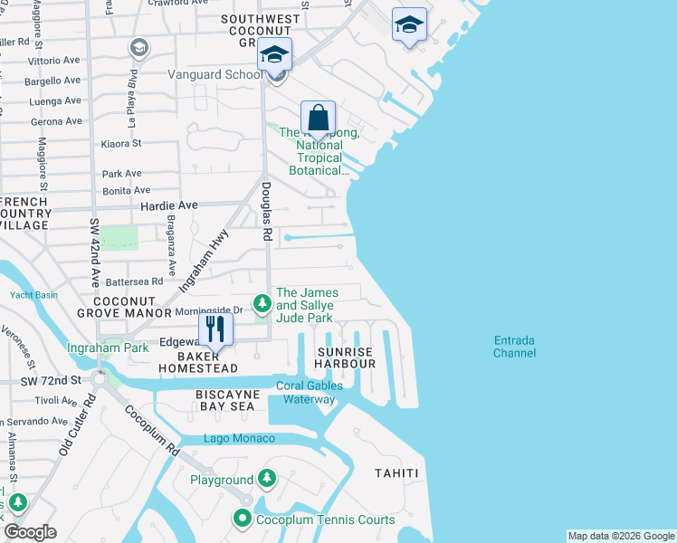 map of restaurants, bars, coffee shops, grocery stores, and more near 3610 Battersea Road in Miami