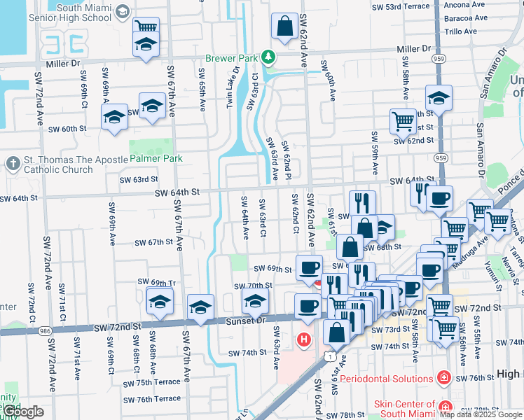 map of restaurants, bars, coffee shops, grocery stores, and more near 6511 Southwest 63rd Court in South Miami