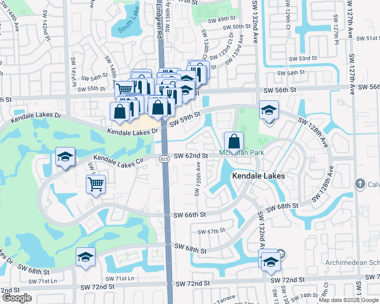 map of restaurants, bars, coffee shops, grocery stores, and more near 13529 Southwest 62nd Street in Miami