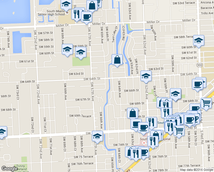 map of restaurants, bars, coffee shops, grocery stores, and more near 6521 Southwest 65th Avenue in South Miami