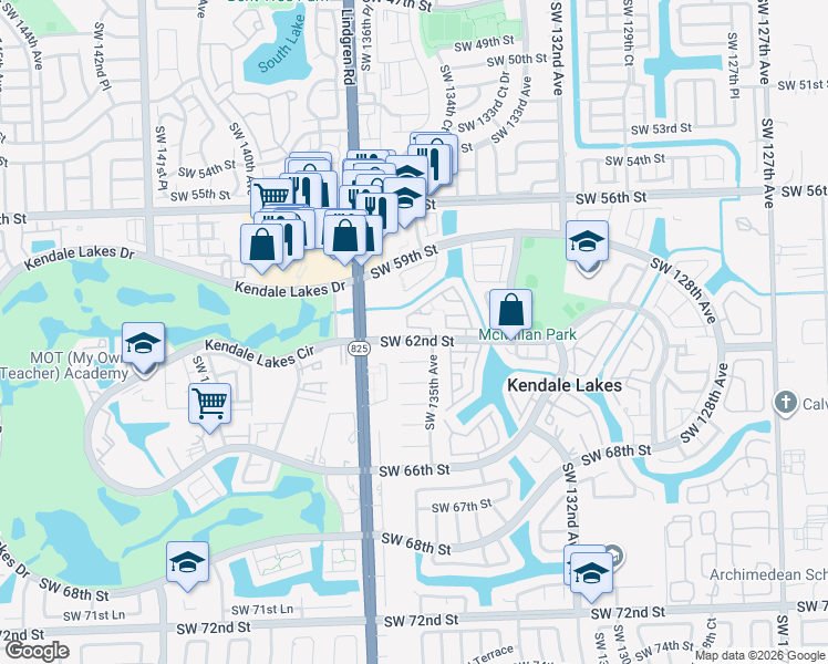 map of restaurants, bars, coffee shops, grocery stores, and more near 13529 Southwest 62nd Street in Miami