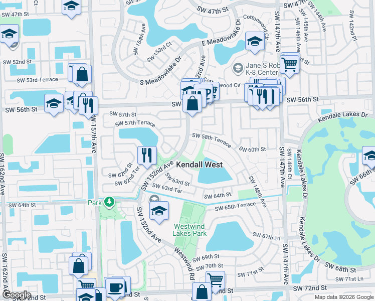 map of restaurants, bars, coffee shops, grocery stores, and more near 6023 Southwest 151st Place in Miami