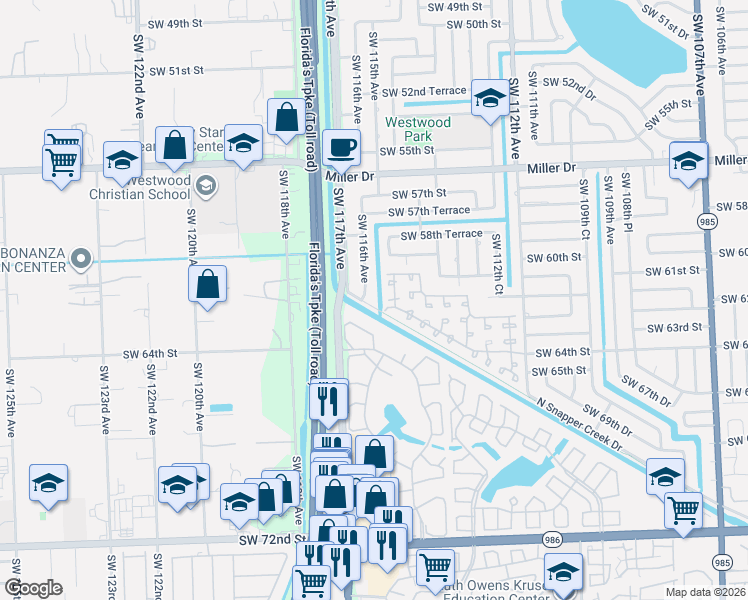 map of restaurants, bars, coffee shops, grocery stores, and more near 11522 Southwest 61st Terrace in Miami