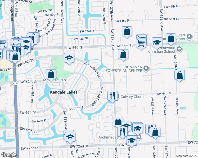 map of restaurants, bars, coffee shops, grocery stores, and more near 6101 Southwest 128th Court in Miami
