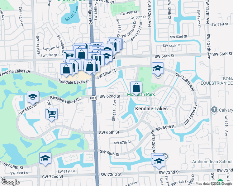map of restaurants, bars, coffee shops, grocery stores, and more near 13501 Southwest 62nd Street in Miami