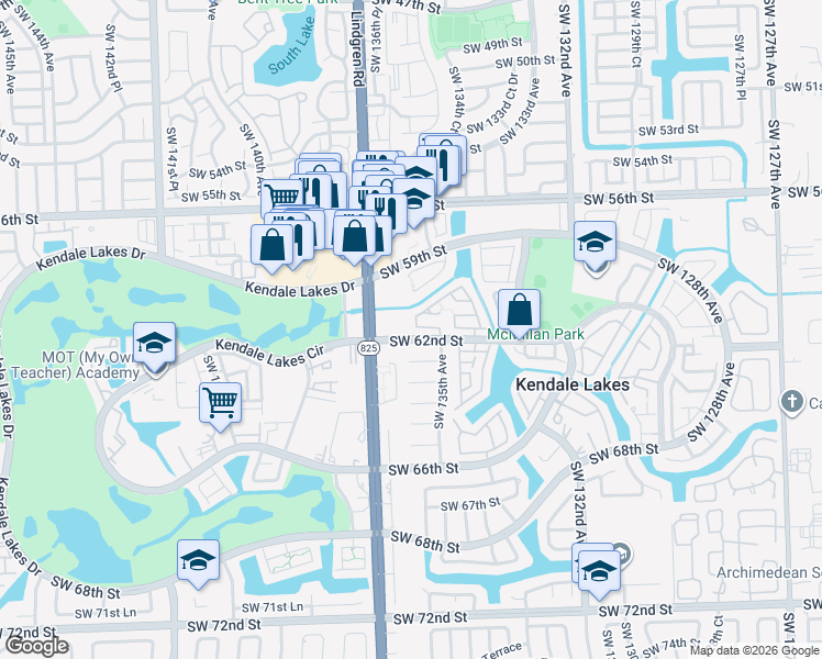 map of restaurants, bars, coffee shops, grocery stores, and more near 13529 Southwest 62nd Street in Miami
