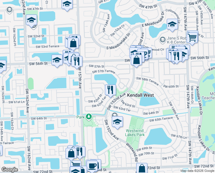 map of restaurants, bars, coffee shops, grocery stores, and more near 6050 Southwest 153rd Court Road in Miami