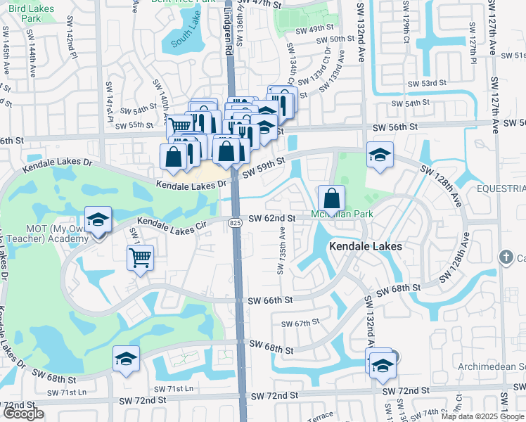 map of restaurants, bars, coffee shops, grocery stores, and more near 13529 Southwest 62nd Street in Miami