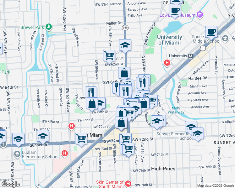 map of restaurants, bars, coffee shops, grocery stores, and more near 6540 Southwest 57th Place in South Miami