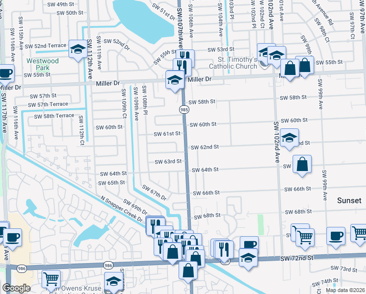 map of restaurants, bars, coffee shops, grocery stores, and more near 6202 Southwest 107th Avenue in Miami