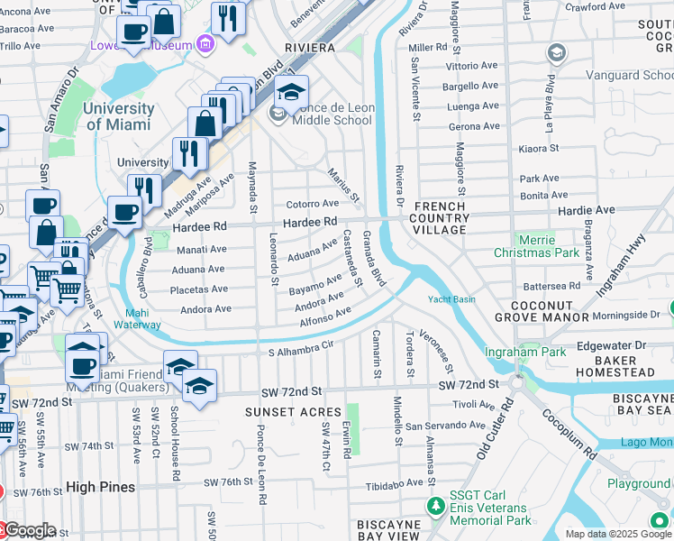 map of restaurants, bars, coffee shops, grocery stores, and more near 915 Bayamo Avenue in Coral Gables