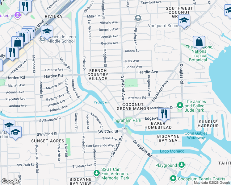 map of restaurants, bars, coffee shops, grocery stores, and more near 421 Aurelia Avenue in Coral Gables