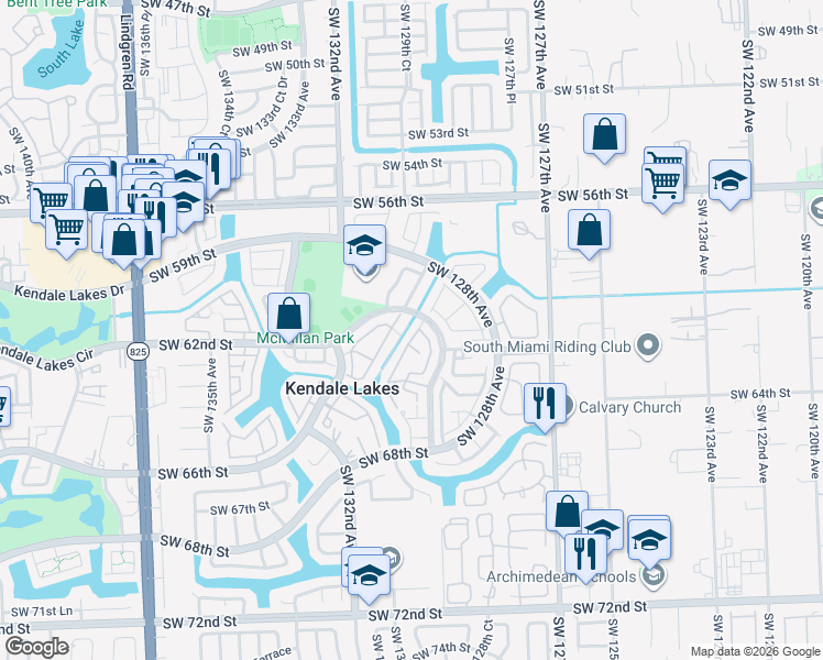 map of restaurants, bars, coffee shops, grocery stores, and more near 6100 Southwest 130th Avenue in Miami