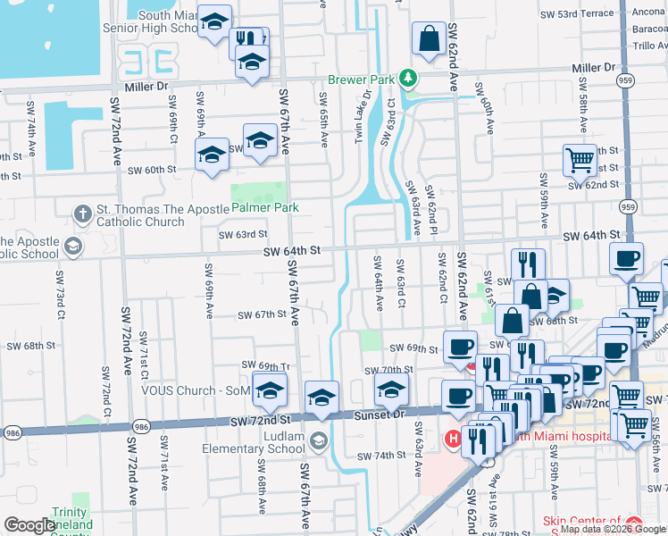 map of restaurants, bars, coffee shops, grocery stores, and more near 6521 Southwest 65th Avenue in South Miami