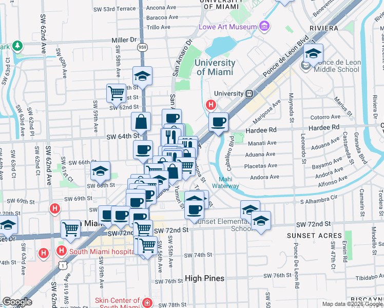 map of restaurants, bars, coffee shops, grocery stores, and more near 1430 South Dixie Highway in Coral Gables