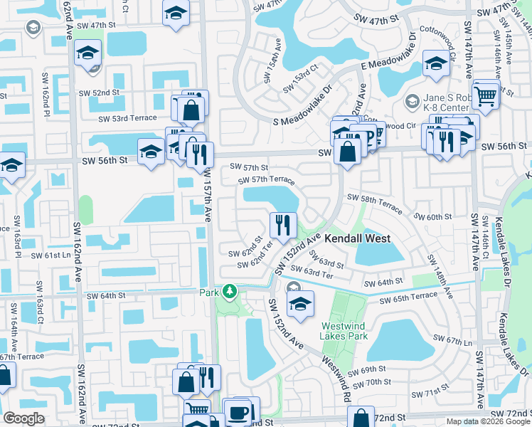 map of restaurants, bars, coffee shops, grocery stores, and more near 6050 Southwest 153rd Court Road in Miami