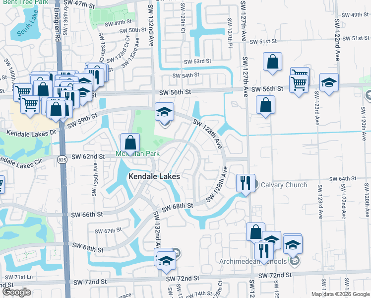 map of restaurants, bars, coffee shops, grocery stores, and more near 6100 Southwest 130th Avenue in Miami