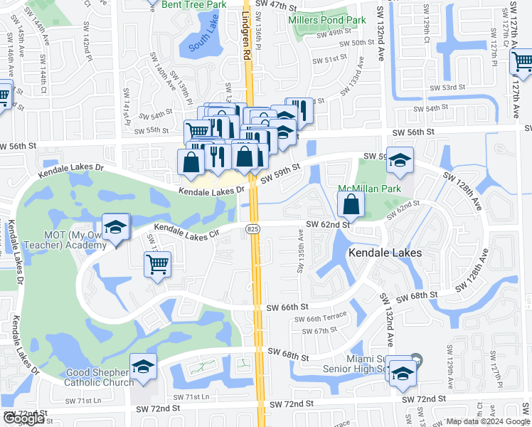 map of restaurants, bars, coffee shops, grocery stores, and more near 13529 Southwest 62nd Street in Miami