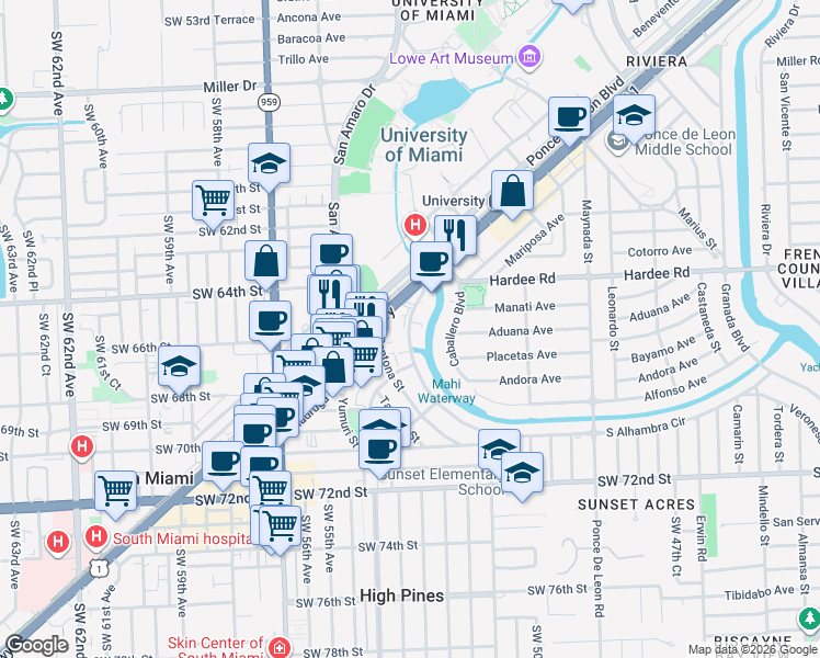 map of restaurants, bars, coffee shops, grocery stores, and more near 1261 South Alhambra Circle in Coral Gables