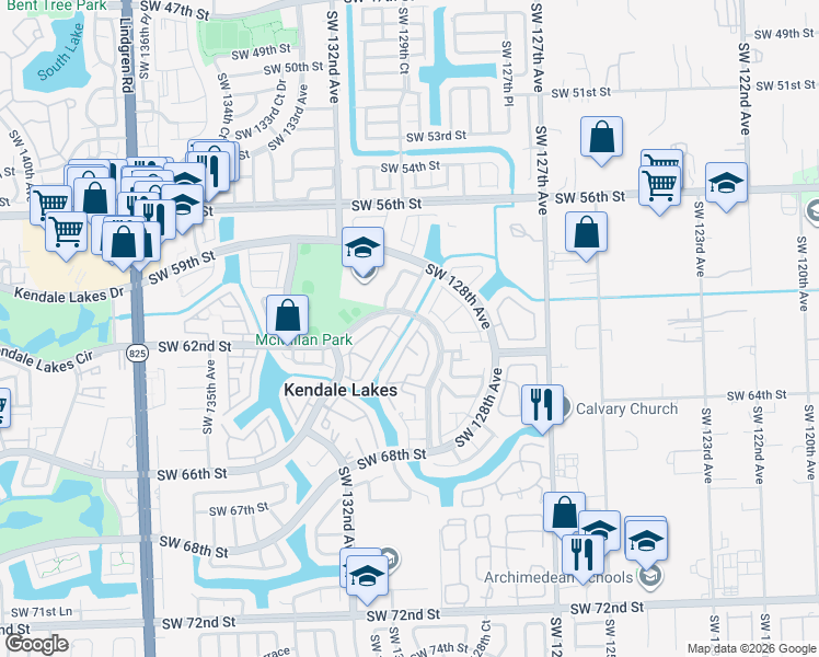 map of restaurants, bars, coffee shops, grocery stores, and more near 6100 Southwest 130th Avenue in Miami