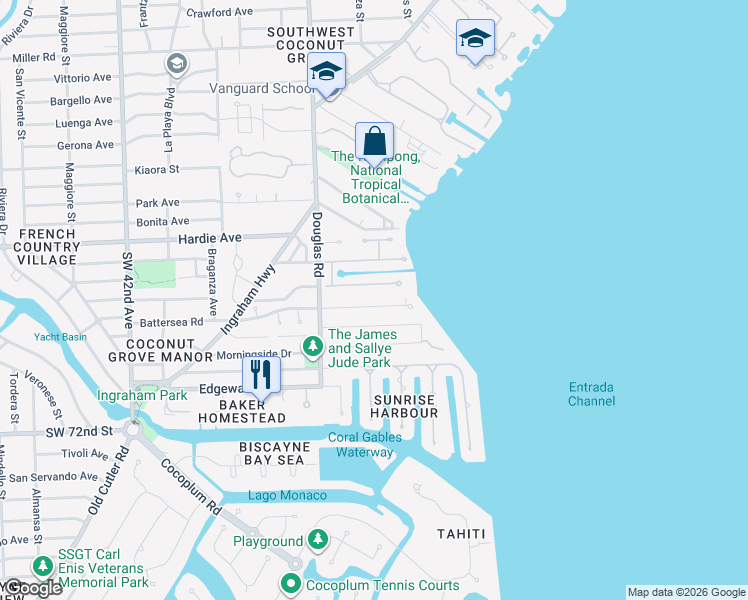 map of restaurants, bars, coffee shops, grocery stores, and more near 3610 Battersea Road in Miami