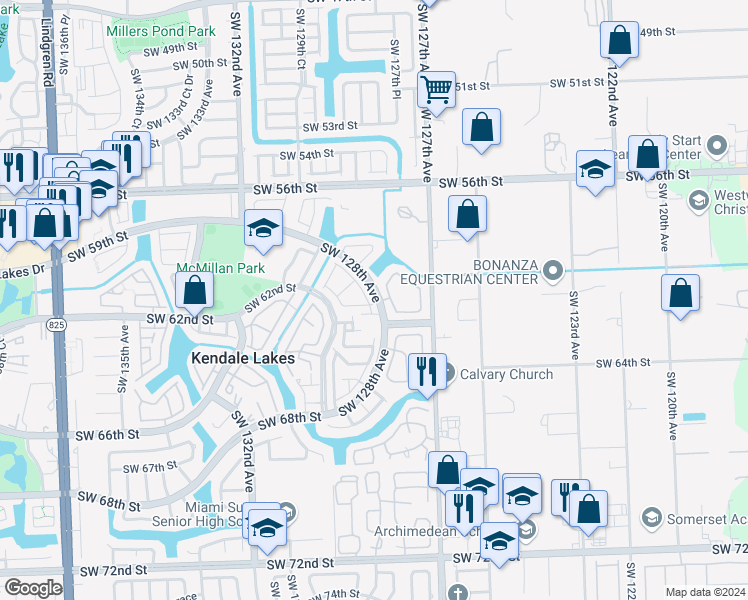 map of restaurants, bars, coffee shops, grocery stores, and more near 6101 Southwest 128th Court in Miami