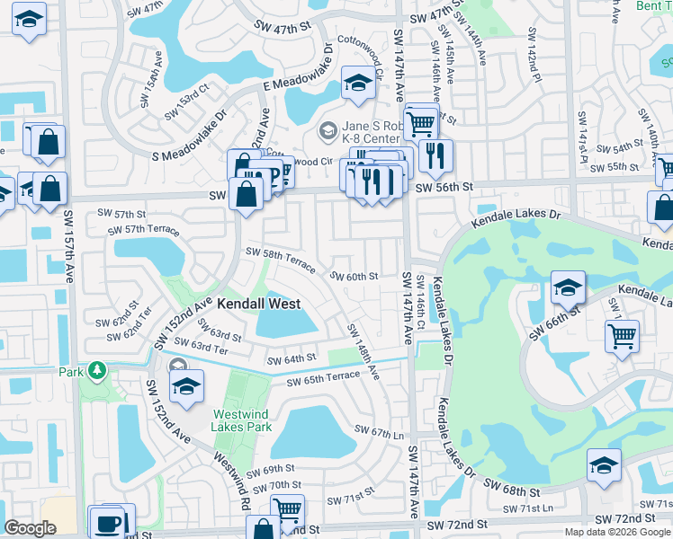 map of restaurants, bars, coffee shops, grocery stores, and more near 14870 Southwest 60th Street in Miami