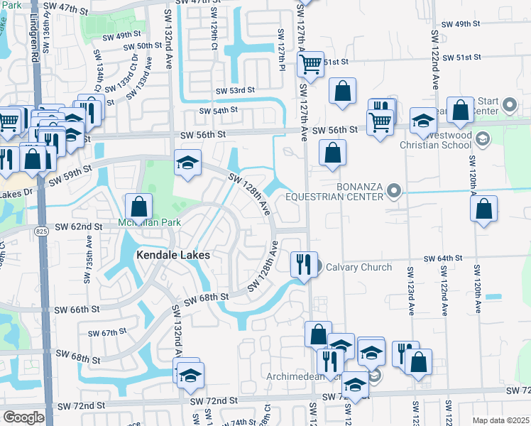 map of restaurants, bars, coffee shops, grocery stores, and more near 6101 Southwest 128th Court in Miami