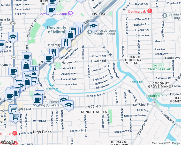 map of restaurants, bars, coffee shops, grocery stores, and more near 6301 Leonardo Street in Coral Gables