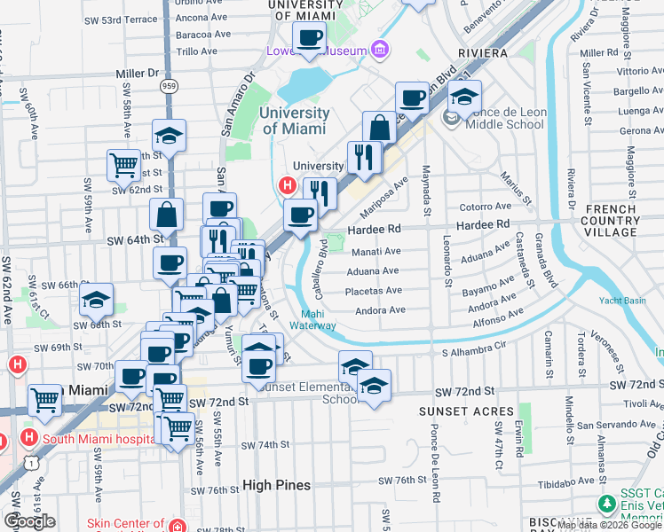 map of restaurants, bars, coffee shops, grocery stores, and more near 6401 Caballero Boulevard in Coral Gables