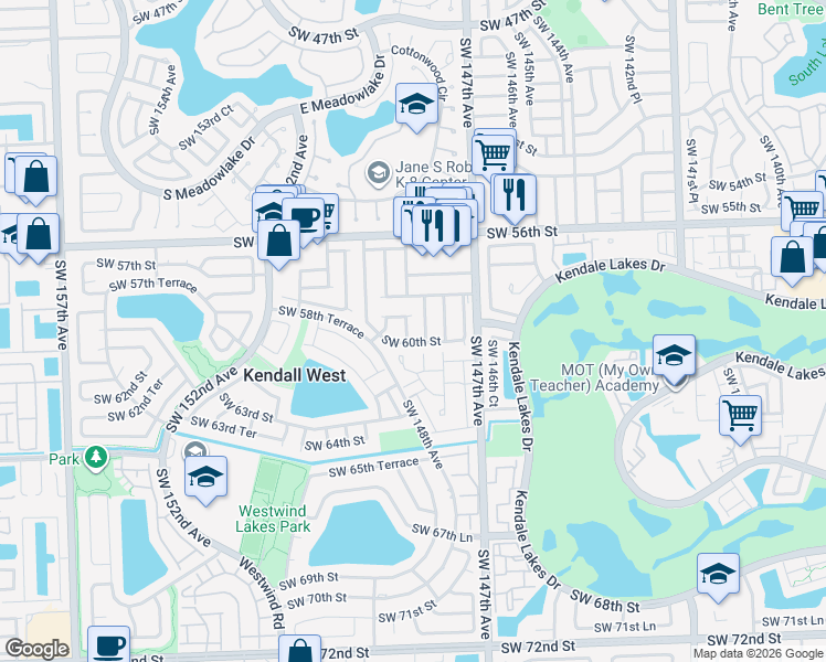 map of restaurants, bars, coffee shops, grocery stores, and more near 14806 Southwest 60th Street in Miami