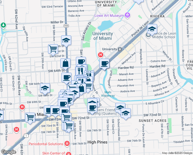 map of restaurants, bars, coffee shops, grocery stores, and more near 1430 South Dixie Highway in Coral Gables